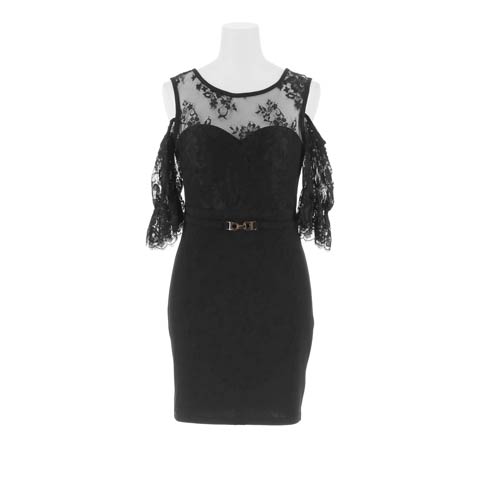 9/25再入荷!ドッキングレースベルトモチーフオープンショルダータイトミニドレス[SML/3サイズ展開](ブラック-Sサイズ)