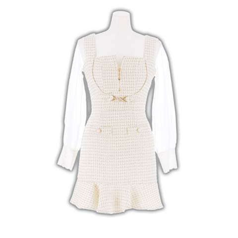 9/26新作!チェックツイードフロントジップ長袖マーメイドミニ丈キャバドレス[SML/3サイズ展開](ホワイト-Sサイズ)