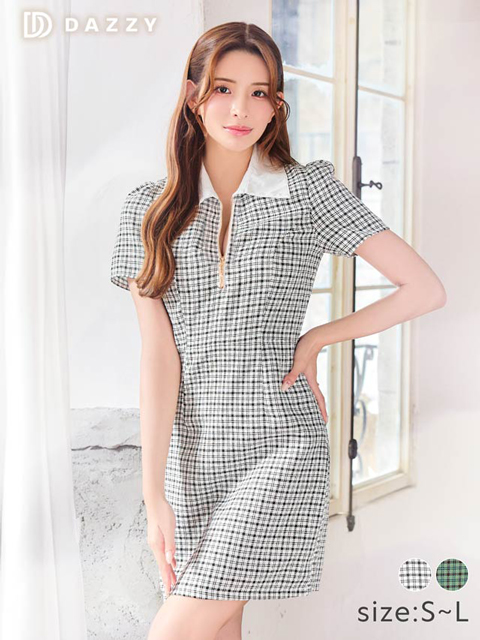 7/14新作!襟付きツイードチェックフロントジップ半袖タイトミニ丈キャバドレス[SML/3サイズ展開]