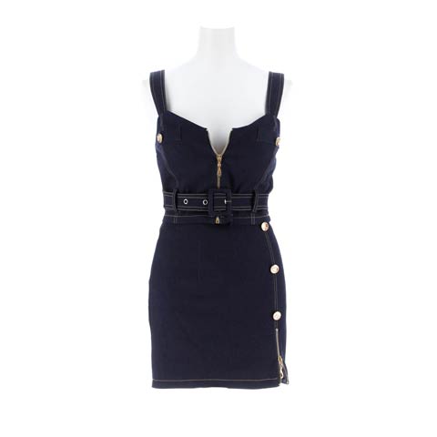 11/11再販!わずか2日で即完売したスリット＆谷間ジップがSEXYなデニムミニセットアップ(ブルー-Sサイズ)