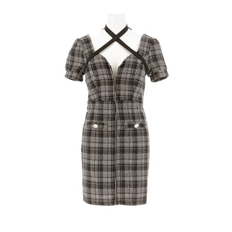 8/29新作!ツイードチェックファスナークロスネック半袖タイトミニ丈キャバドレス[SML/3サイズ展開](ブラック-Sサイズ)