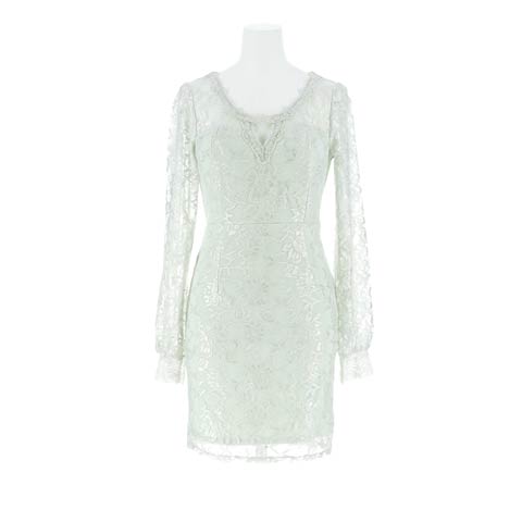 シアーフラワーレースVネックロングスリーブタイトミニドレス[XS~L/4サイズ展開](ミント-XSサイズ)