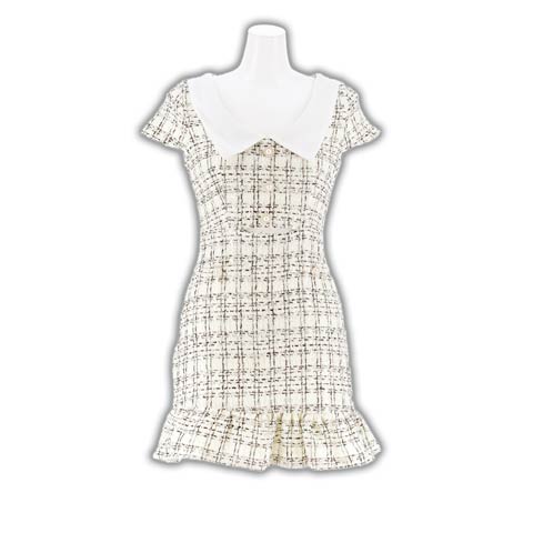 9/22新作!襟付きツイードチェックウエストカット半袖マーメイドミニ丈キャバドレス[XS~L/4サイズ展開](ホワイト-XSサイズ)