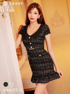 9/22新作!襟付きツイードチェックウエストカット半袖マーメイドミニ丈キャバドレス[XS~L/4サイズ展開]
