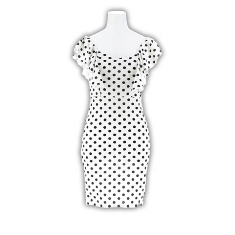 10/7再入荷! ハートネックドットフリルスリーブタイトミニ丈キャバドレス[SML/3サイズ展開][プチプラキャバドレス](ホワイト×ブラック-Sサイズ)