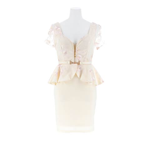 11/20再販![伊藤桃々着用]美くびれ効果バツグン!!華やかフラワー刺繍ペプラムミニ丈キャバドレス(ミューズアイボリー-Sサイズ)