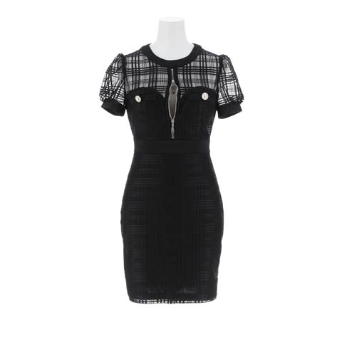 7/16新作!ドッキングシアーチェックフロントジップ半袖タイトミニ丈キャバドレス[SML/3サイズ展開](ブラック-Sサイズ)