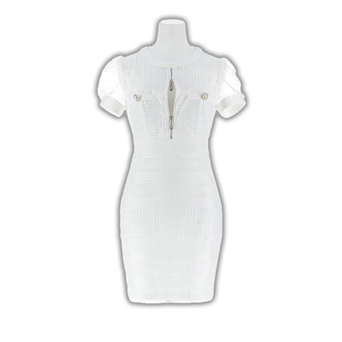 7/16新作!ドッキングシアーチェックフロントジップ半袖タイトミニ丈キャバドレス[SML/3サイズ展開](ホワイト-Sサイズ)