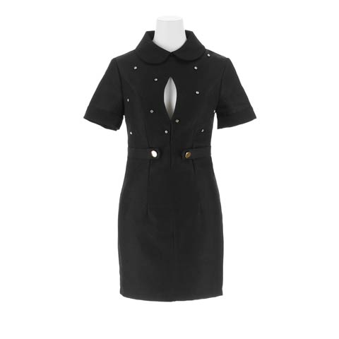 8/8新作!ツイード丸襟ビジューフロントカットアウト半袖タイトミニ丈キャバドレス[SML/3サイズ展開][伊藤桃々着用](ブラック-Sサイズ)