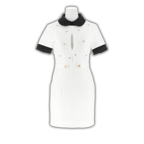 8/8新作!ツイード丸襟ビジューフロントカットアウト半袖タイトミニ丈キャバドレス[SML/3サイズ展開][伊藤桃々着用](ホワイト-Sサイズ)