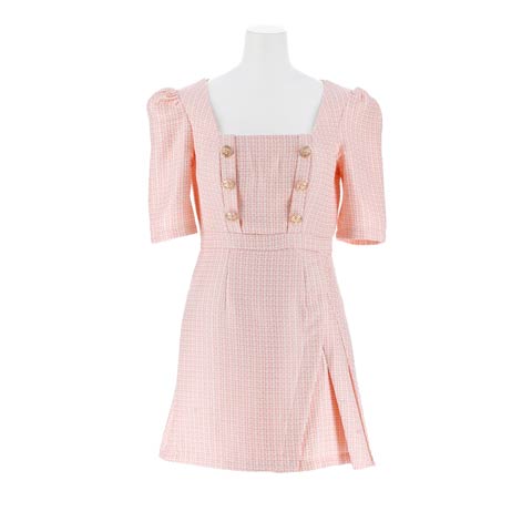 スクエアネックツイードボタンサイドプリーツ五分袖Aラインミニドレス[SML/3サイズ展開](ピンク-Sサイズ)