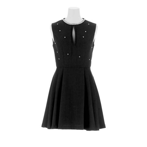 ワンカラーノースリーブビジューAラインミニドレス[XS~M/3サイズ展開](ブラック-XSサイズ)