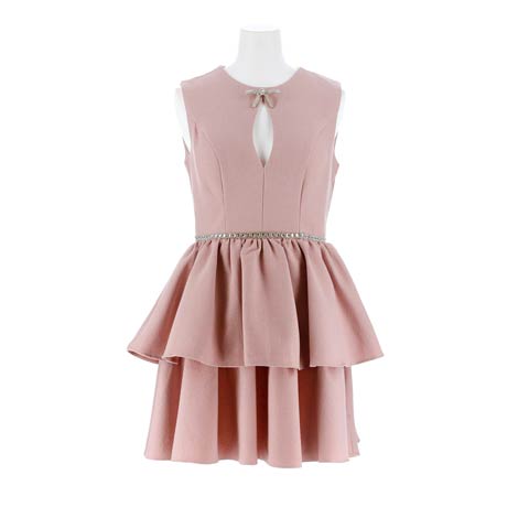 7/11新作!ティアードリボンビジューホールAラインミニドレス[XS~M/3サイズ展開][伊藤桃々着用](ピンク-XSサイズ)