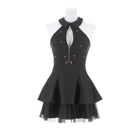 9/12新作!襟付きファスナービジューアメスリティアードAラインミニドレス[XS~M/3サイズ展開][伊藤桃々着用](ブラック-XSサイズ)