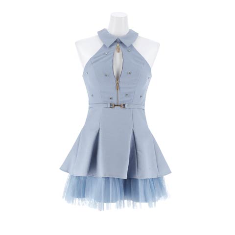 9/12新作!襟付きファスナービジューアメスリティアードAラインミニドレス[XS~M/3サイズ展開][伊藤桃々着用](ブルーグレー-XSサイズ)