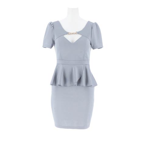 10/7再入荷! ビジューホールカシュクールペプラム半袖タイトミニ丈キャバドレス[SML/3サイズ展開][プチプラキャバドレス][伊藤桃々着用](ブルーグレー-Sサイズ)