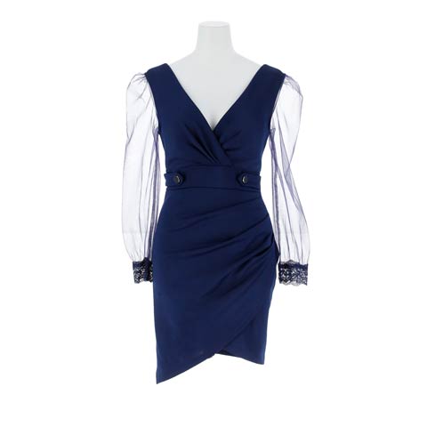 11/11再販!【2980円激安】胸元のカシュクールVネックとチュールの長袖がSEXYさを演出するタイトミニ丈ドレス[プチプラキャバドレス](ネイビー-Sサイズ)