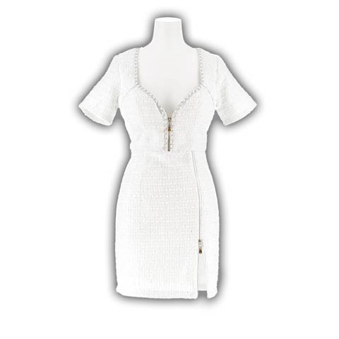 8/27新作!デコルテ魅せツイード胸元ジップSEXYスリット半袖ミニドレス[SML/3サイズ展開][明日花キララ着用](ホワイト-Sサイズ)