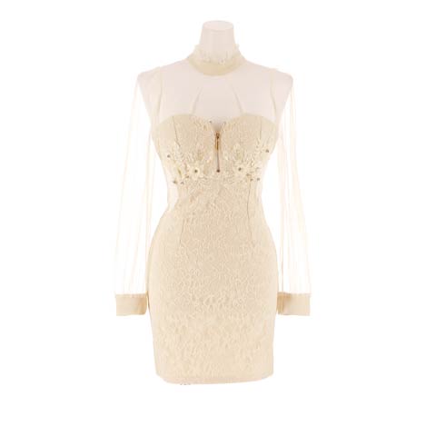 9/10新作!ビジューフラワーレースサイドシアー長袖ジップタイトミニ丈キャバドレス[SML/3サイズ展開](アイボリー-Sサイズ)