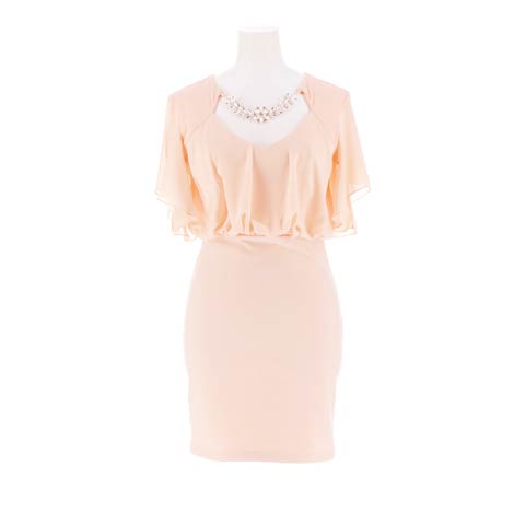 8/20新作!ゴージャスビジューシフォンフリルスリーブタイトミニ丈キャバドレス[S~LL/4サイズ展開](ベージュ-Sサイズ)