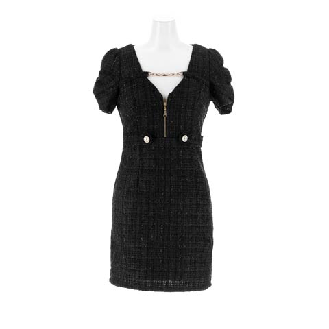 10/3新作!ラメツイードジップデコルテチェーン半袖タイトミニ丈キャバドレス[S~L/3サイズ展開](ブラック-Sサイズ)