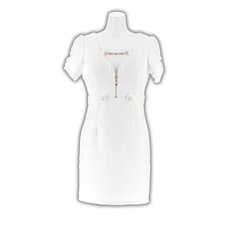 10/3新作!ラメツイードジップデコルテチェーン半袖タイトミニ丈キャバドレス[S~L/3サイズ展開](ホワイト-Sサイズ)