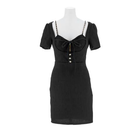 7/9新作!フロントジップリボン半袖チェーンストラップタイトミニ丈キャバドレス[SML/3サイズ展開](ブラック-Sサイズ)