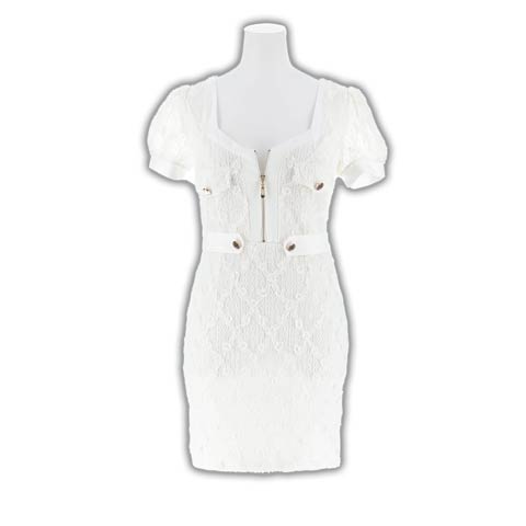 9/11再入荷!フロントジップフラワーレース格子パフスリーブタイトミニ丈キャバドレス[SML/3サイズ展開](アイボリー-Sサイズ)