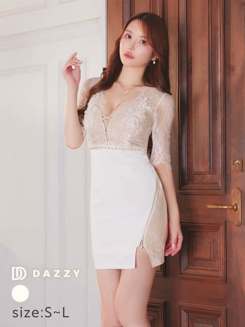 フラワーレースクロスジップスリット五分袖タイトミニ丈キャバドレス[SML/3サイズ展開]