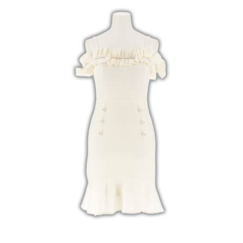 パールビジューギャザーフリルオフショルマーメイドミニ丈キャバドレス[SML/3サイズ展開][伊藤桃々着用](アイボリー-Sサイズ)