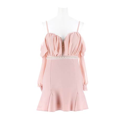 9/25再入荷!オーガンジーオフショルジップパールビジューマーメイドミニドレス[SML/3サイズ展開](ダスティピンク-Sサイズ)