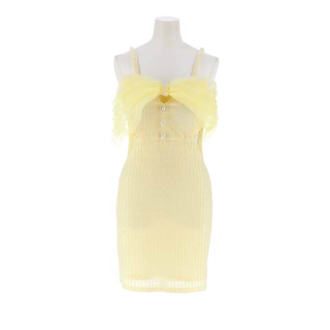 パールビジューリボンチュールオフショルタイトミニドレス[SML/3サイズ展開][明日花キララ着用](ライトイエロー-Sサイズ)