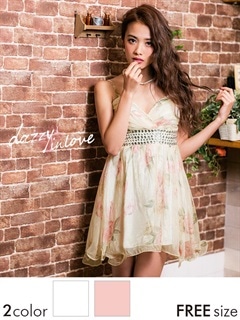 ビジュー付き花柄キャミシフォンAラインミニドレス