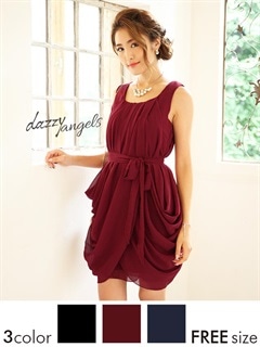 ウエストリボン付きシフォンノースリーブタイトミニドレス