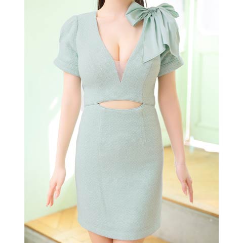 【dazzy特別価格】[an]ショルダーリボンカットアウトバストシアー半袖タイトミニドレス[AOC-3637](ミント-XSサイズ)