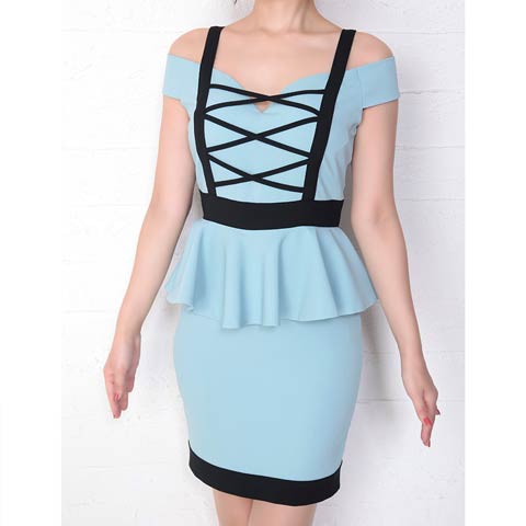 7/16新作!【ポイント20倍】[Andy]クロスデザインペプラムタイトミニ丈キャバドレス[AN-OK1863](ミント×ブラック-Sサイズ)