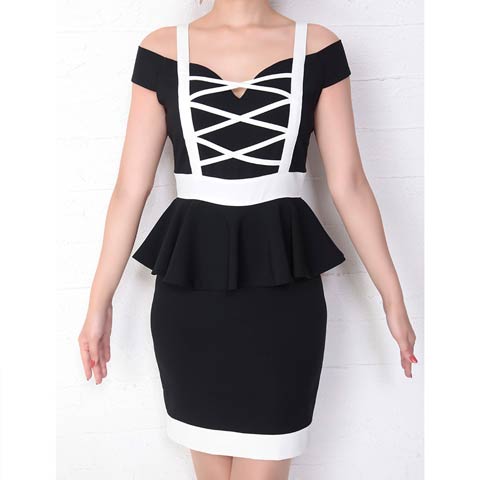 7/16新作!【ポイント20倍】[Andy]クロスデザインペプラムタイトミニ丈キャバドレス[AN-OK1863](ブラック-Sサイズ)