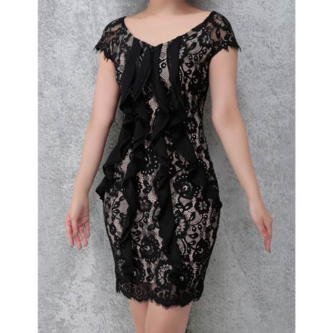 7/16新作!【ポイント20倍】[Andy]総レースフリルラインタイトミニ丈キャバドレス[AN-OK1919](ブラック×ベージュ-Sサイズ)