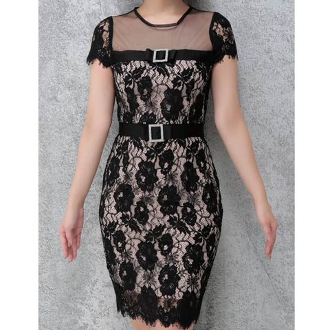 [Andy]ドッキングシアーレースベルトモチーフビジュータイトミニドレス[AN-OK1941](ブラック×ベージュ-Sサイズ)