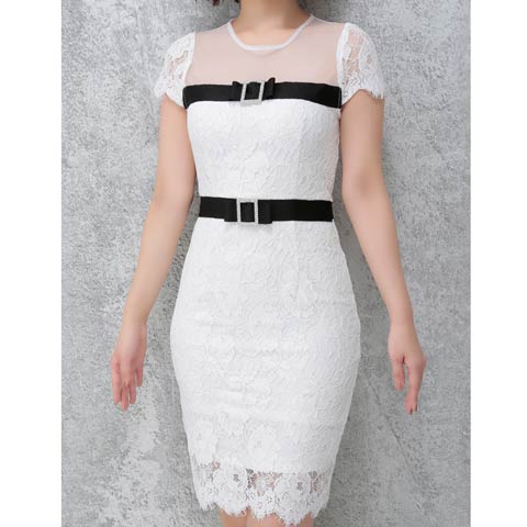 [Andy]ドッキングシアーレースベルトモチーフビジュータイトミニドレス[AN-OK1941](ホワイト-Sサイズ)