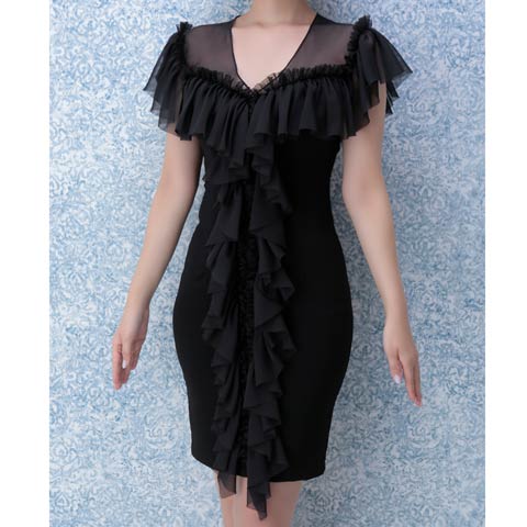 [Andy]フロントドレープシフォンフリルタイトミニドレス[AN-OK1894](ブラック-Sサイズ)