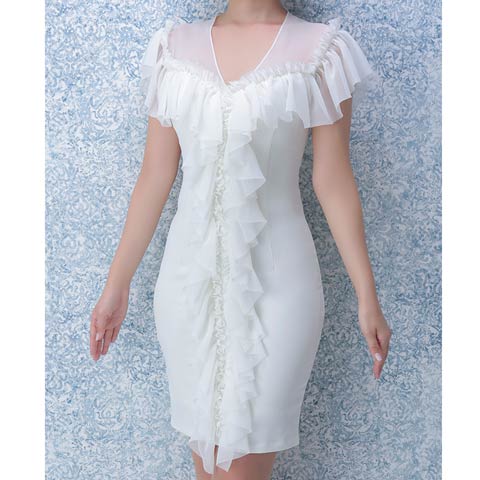 [Andy]フロントドレープシフォンフリルタイトミニドレス[AN-OK1894](アイボリー-Sサイズ)