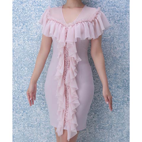 [Andy]フロントドレープシフォンフリルタイトミニドレス[AN-OK1894](ピンク-Sサイズ)