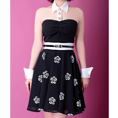 7/29新作!【ポイント20倍】[Andy]ベアトップ襟付き×フロントボタンローズ柄Aラインミニ丈キャバドレス[AN-OK2168](ブラック-Sサイズ)