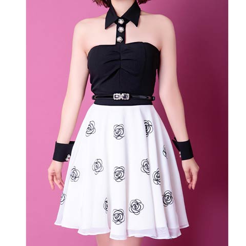 7/29新作!【ポイント20倍】[Andy]ベアトップ襟付き×フロントボタンローズ柄Aラインミニ丈キャバドレス[AN-OK2168](ブラック×ホワイト-Sサイズ)