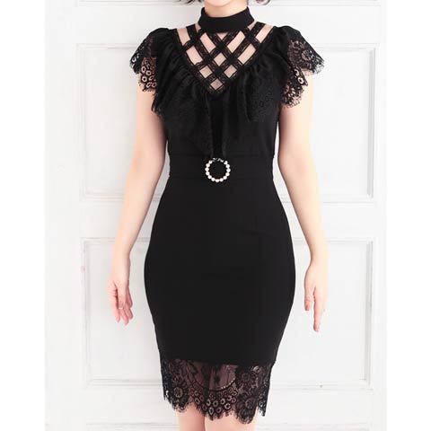 7/29新作!【ポイント20倍】[Andy]ハイネッククロスレースカットタイトミニ丈キャバドレス[AN-OK2294](ブラック-Sサイズ)