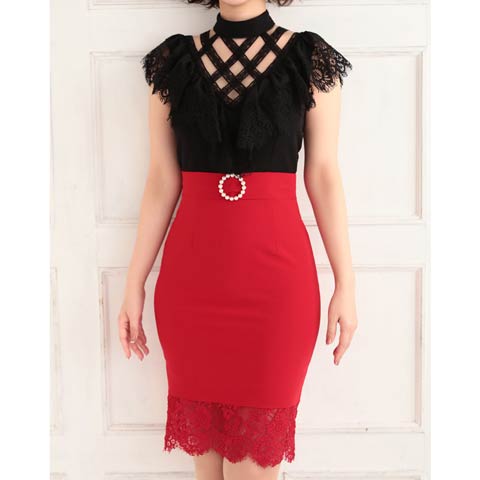 7/29新作!【ポイント20倍】[Andy]ハイネッククロスレースカットタイトミニ丈キャバドレス[AN-OK2294](ブラック×レッド-Sサイズ)