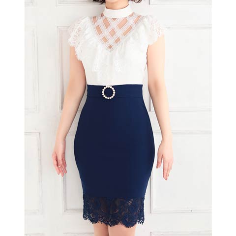 7/29新作!【ポイント20倍】[Andy]ハイネッククロスレースカットタイトミニ丈キャバドレス[AN-OK2294](ホワイト×ブルー-Sサイズ)