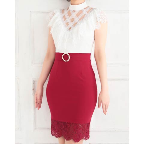 7/29新作!【ポイント20倍】[Andy]ハイネッククロスレースカットタイトミニ丈キャバドレス[AN-OK2294](ホワイト×ピンク-Sサイズ)