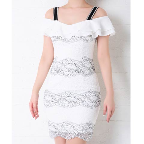 7/29新作!【ポイント20倍】[Andy]ボーダーレースラインフリルオフショルダータイトミニ丈キャバドレス[AN-OK2310](アイボリー-Sサイズ)